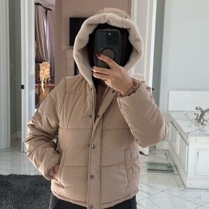 Women's Tan hooded Puffer Jacket with Sherpa fur lining